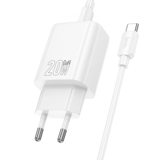 Зарядно устройство комплект HOCO N61, 20W, 3A, 1x USB-C 1x USB-A + кабел USB-C - USB-C, Бяло от Fonax.bg