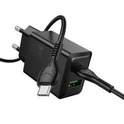 Зарядно устройство комплект HOCO N71 GaN, PD 30W, 3A, 1x USB-C 1x USB-A + кабел USB-C, Черно