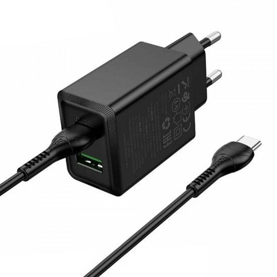 Зарядно устройство комплект HOCO N71 GaN, PD 30W, 3A, 1x USB-C 1x USB-A + кабел USB-C, Черно