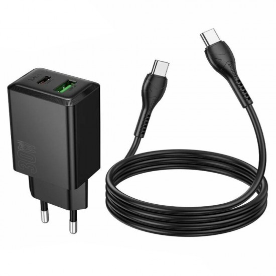 Зарядно устройство комплект HOCO N71 GaN, PD 30W, 3A, 1x USB-C 1x USB-A + кабел USB-C, Черно