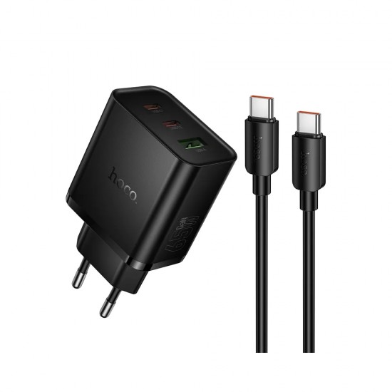 Зарядно устройство комплект HOCO N75 GaN, 65W  2x USB-C 1x USB-A + кабел USB-C - USB-C, Черно