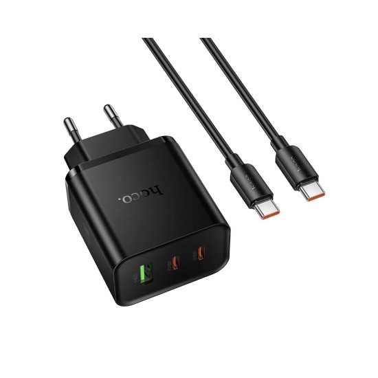 Зарядно устройство комплект HOCO N75 GaN, 65W  2x USB-C 1x USB-A + кабел USB-C - USB-C, Черно