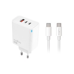 Зарядно устройство комплект Maxlife MXTC-09-65ACC GaN, PD QC 65W, 2x USB-C 1x USB-A + 100W кабел USB-C - USB-C 2м, бяло