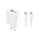 Зарядно устройство комплект Maxlife MXTC-09-65ACC GaN, PD QC 65W, 2x USB-C 1x USB-A + 100W кабел USB-C - USB-C 2м, бяло