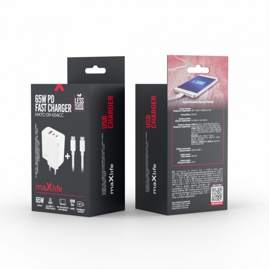 Зарядно устройство комплект Maxlife MXTC-09-65ACC GaN, PD QC 65W, 2x USB-C 1x USB-A + 100W кабел USB-C - USB-C 2м, бяло