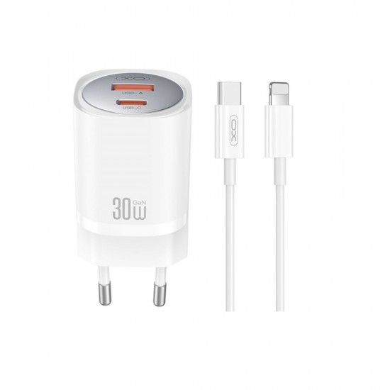 Зарядно устройство комплект XO CE21 PD 30W 1x Type C 1x USB + Type C - Lightning кабел, Бяло от Fonax.bg