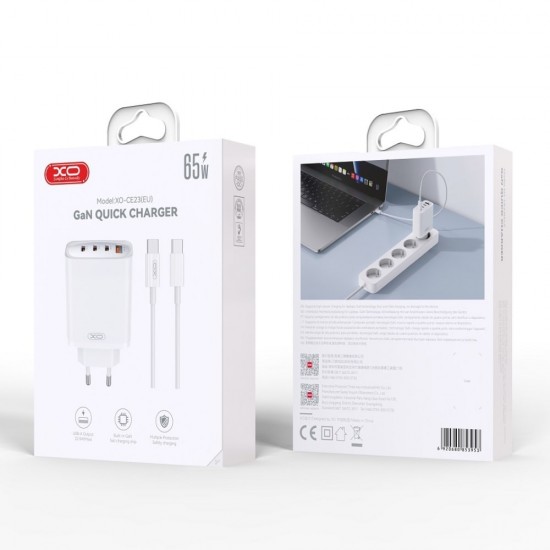 Зарядно устройство комплект XO CE23 PD 65W 3x Type C 1x USB + кабел Type C - Type C, Бяло от Fonax.bg
