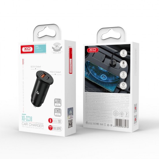 Зарядно устройство за кола адаптер XO CC38 с USB и Type C изход QC 3.0, Метален, 12V, 20W, Черен от Fonax.bg