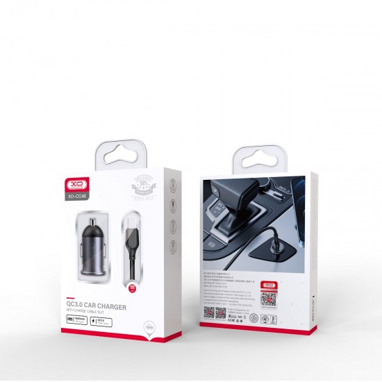 Зарядно устройство за кола комплект XO CC46 с USB изход QC 3.0, С кабел Type C-USB, 12V, 18W, 3A, Графит от Fonax.bg