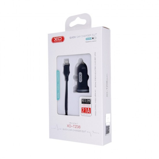 Зарядно устройство за кола комплект XO TZ08 с 2 USB изхода, С кабел Lightning, 12V, 2.1A, Черно от Fonax.bg