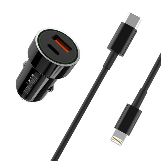 Зарядно устройство за кола комплект XO TZ11 с USB и Type C изход QC 3.0, Метален, С кабел Lightning-Type C, 12V, 3A, Черно от Fonax.bg