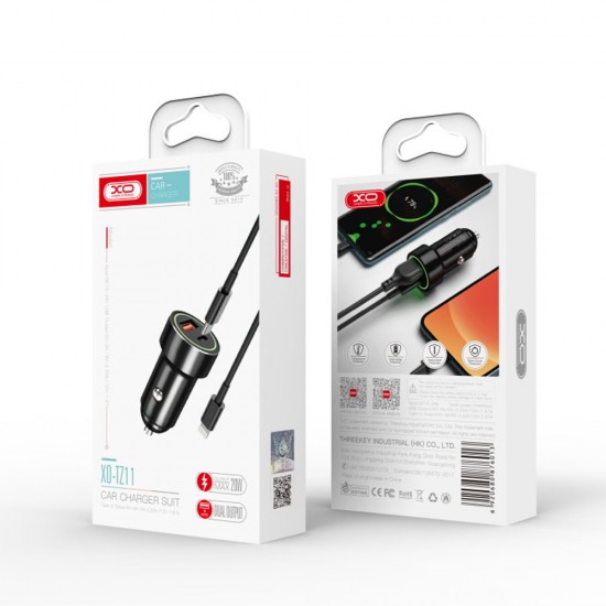 Зарядно устройство за кола комплект XO TZ11 с USB и Type C изход QC 3.0, Метален, С кабел Lightning-Type C, 12V, 3A, Черно от Fonax.bg