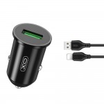 Зарядно устройство за кола комплект XO TZ12 с USB-A изход QC 3.0, с кабел Lightning - USB-A, 12V, 3A, Черен