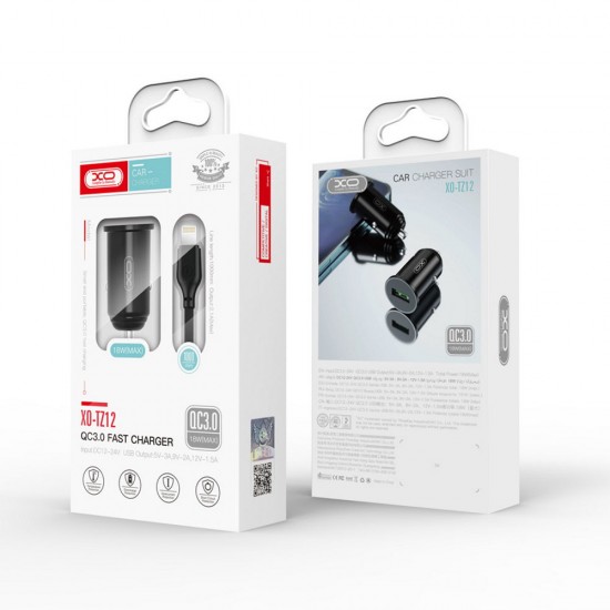 Зарядно устройство за кола комплект XO TZ12 с USB изход QC 3.0, С кабел Lightning-USB, 12V, 3A, Черно от Fonax.bg