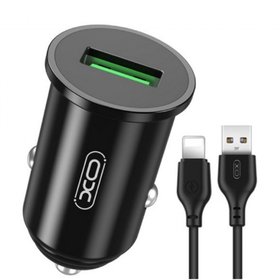 Зарядно устройство за кола комплект XO TZ12 с USB изход QC 3.0, С кабел Lightning-USB, 12V, 3A, Черно от Fonax.bg